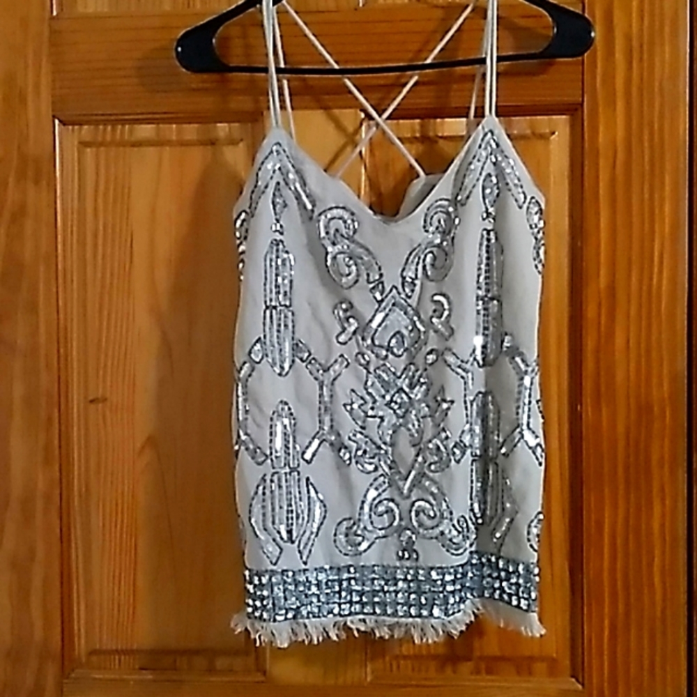 VENUS Silver Beaded White Fringe Cami Top